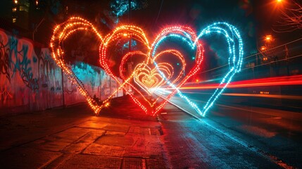 beautiful hearts, neon lights, photography, long exposure