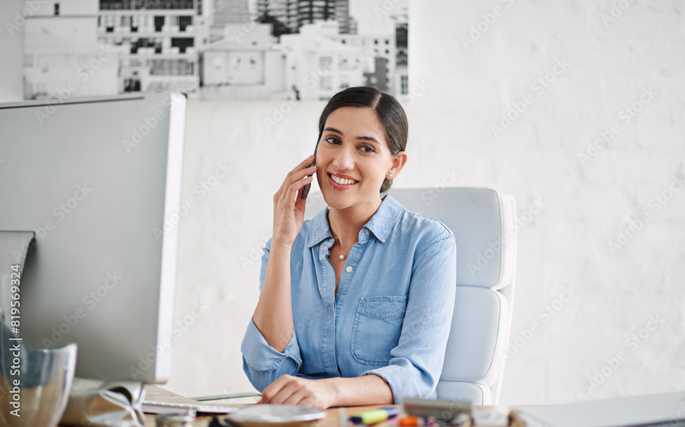 Poster female creative, office and phone call by desk in portrait for career, web designer with computer fo