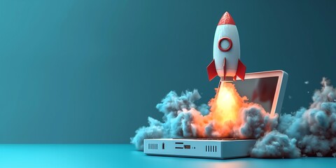 3D Rocket Launching from Laptop: Symbolizing Innovation and Technology