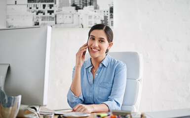 Female creative, office and phone call by desk in portrait for career, web designer with computer...