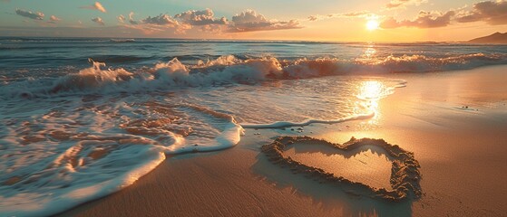 Creative stock photo of a heart drawn in the sand with the waves gently washing over it sunset in the background