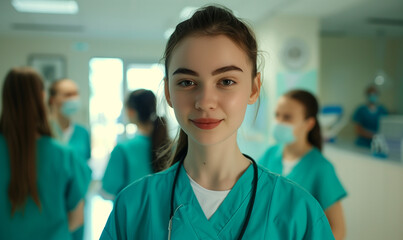 Fototapeta premium A young student stands in a hospital in a medical uniform, while her classmates conduct a group discussion in the background.
