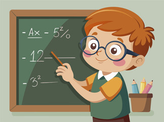 A child writes a mathematical formula on a blackboard vector illustration