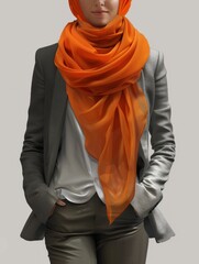 outfit informal para la oficina con bufanda de seda de color naranja.