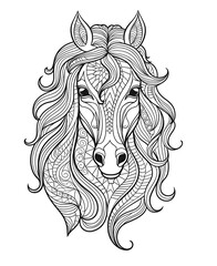 Hand drawn zentangle horse for adult coloring page, art therapy, mandala coloring pages for stress free, stress relief
