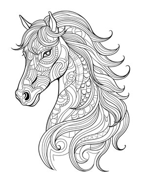 Hand drawn zentangle horse for adult coloring page, art therapy, mandala coloring pages for stress free, stress relief