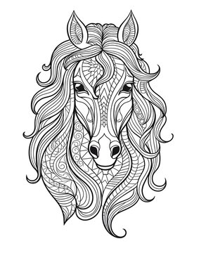 Hand drawn zentangle horse for adult coloring page, art therapy, mandala coloring pages for stress free, stress relief