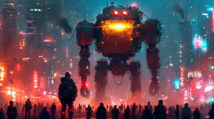 夜の街と巨大なロボット,Generative AI AI画像