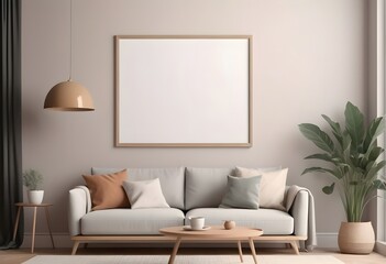 Fototapeta premium Frame mockup ISO A paper size. Interior mockup with house background. Living room wall poster mockup design. Modern interior design. 3D render