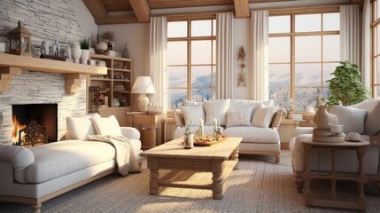 Rustic cabin living room with a stone fireplace and forest view.