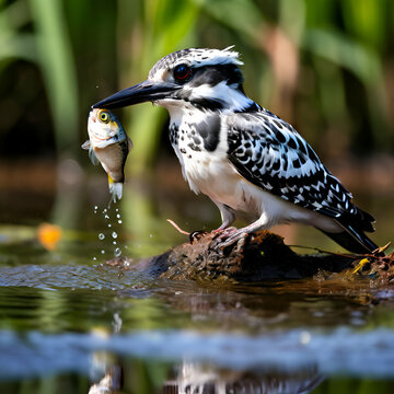 The pied kingfisher was on a hunt for tilapia fish