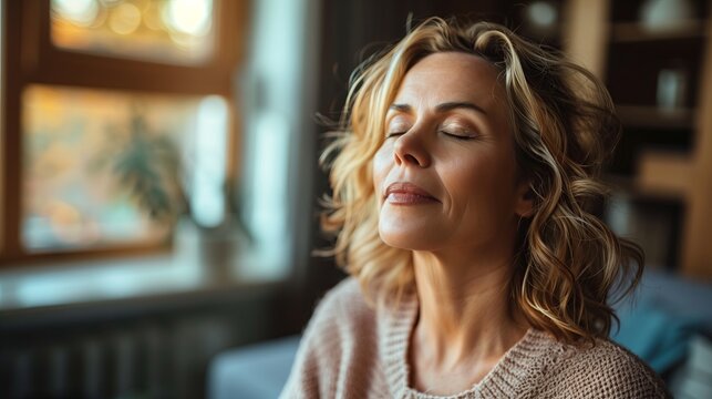 Inner Peace: Middle-Aged Women Meditating in Sunlit Homes