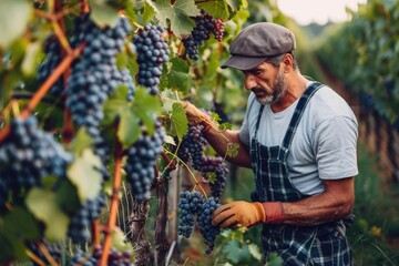 Male in a vineyard, with rows of grapevines. Picking grapes.