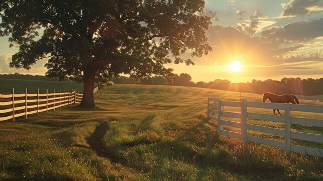 Horse standing in a farm at sunset.