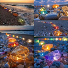 Compile a collage of images showcasing glowing pebbles on the beach, surrounded by colorful glass pebbles, with the natural beauty of the shoreline enhanced by the dreamlike quality of the scene, Gene