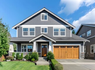 Stylish two-story house with gray walls, white trim, and wooden front door on a sunny day in the neighborhood of Blue Gardner, Washington, USA