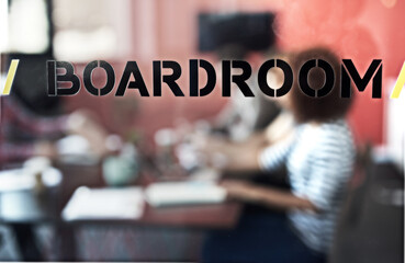 Boardroom sign, window and business people for meeting with planning, collaboration and...