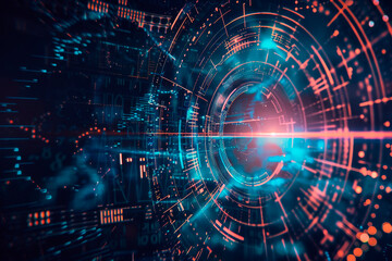 Obraz premium The high-tech, sci-fi aesthetic highlights data flow and technological advancement in a dynamic composition.