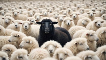 Obraz premium black sheep among a flock of white sheep 1