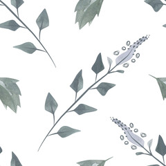 Flowering twigs and leaves of mint or lemon balm in a dusty green color in sketch style. Seamless watercolor pattern for fabric, wallpaper, wrapping paper, packaging cosmetics, tablecloths, curtains