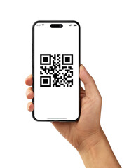 Hand holding black mobile phone with qr code on the screen.