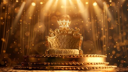 Majestic golden throne with crown in spotlight, luxurious royal seat emblematic of power and grandeur, surrounded by golden bokeh lights.