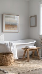 Create a calming atmosphere in a bathroom with whiteframed abstract artwork
