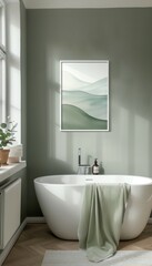 Create a calming atmosphere in a bathroom with whiteframed abstract artwork