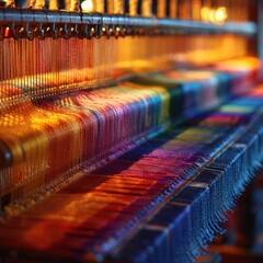 Blurred and colorful photo of wool threads woven together on traditional bamboo and wooden tools. The cloth is used for traditional and ritual events, such as weddings as a soft craft material.