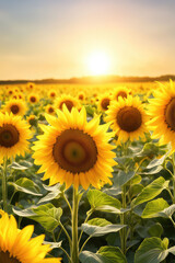 Bright yellow sunflowers and sun
