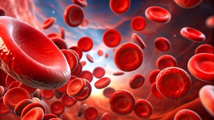 Red blood cells flow in human veins, medical background. Macro view of erythrocyte platelets