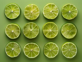 Fototapeta premium A vibrant arrangement of lime slices on a green background, showcasing the freshness and bright color of the citrus fruit.