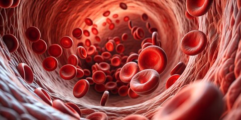 Red blood cells flow in human veins, medical background. Macro view of erythrocyte platelets