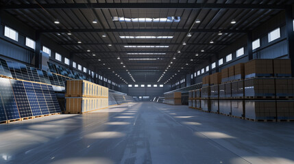 Obraz premium stock of solar panels in a modern warehouse ready for shipping