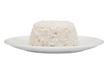 White rice in a white serving plate isolated transparent