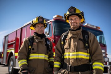 Fototapeta premium two firefighters next to a fire truck on a bright, clear day 