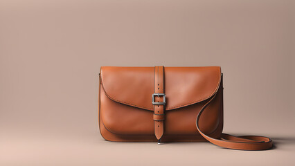 a brown leather bag with a strap on a beige background