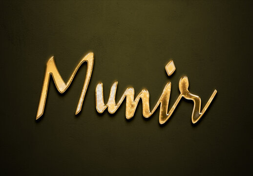 Old gold text effect of Arabic name Munir with 3D glossy style Mockup	.