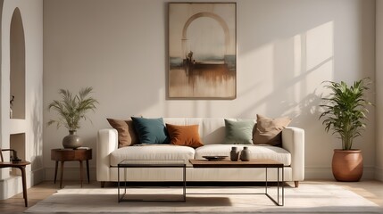 A moody of a grunge table near a white sofa against an arched window and white wall with a big art poster frame. low view