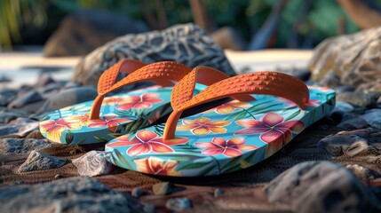 Colorful flip flops on the beach in the evening light.