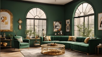 A stylized photo capturing the essence of art deco, showcasing the geometric shapes of the coffee table, the arched window, and the poster frame. close up