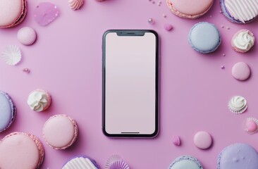 Top view of a smartphone with a white blank screen and colorful candies and macarons on a pastel purple background.