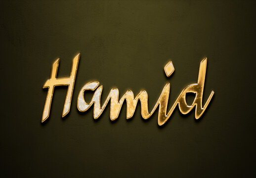 Old gold text effect of Arabic name Hamid with 3D glossy style Mockup	.