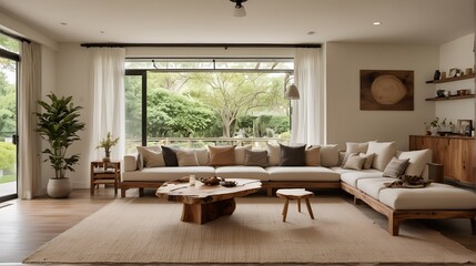 A wide-angle shot showcasing the entire living room, with the live edge coffee table and corner sofa as focal points. close up