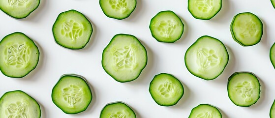 Ahealthy snack option, cucumber slices arranged on a white background, showcasing fresh, green, crunchy textures ideal for salads or garnishes.