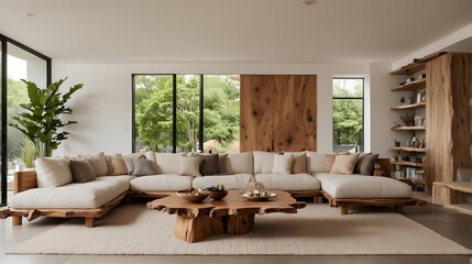 A wide-angle shot showcasing the entire living room, with the live edge coffee table and corner sofa as focal points. selective focus