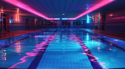Swimming Pools Neon Lights: A photo showcasing an empty swimming pool with neon lighting and underwater lights