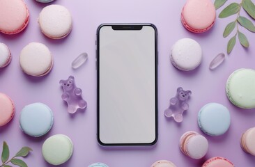 Top view of a smartphone with a white blank screen and colorful candies and macarons on a pastel purple background.