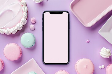 Top view of a smartphone with a white blank screen and colorful candies and macarons on a pastel purple background.