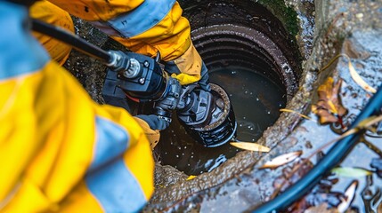 A plumbing service inspects a clogged drain using a camera and clears it.